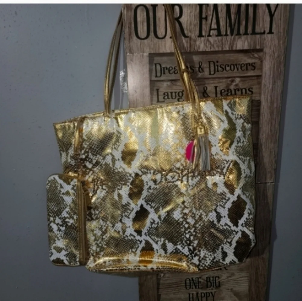 100%real Leather Vintage rare betsey johnson gold snakeskin tote